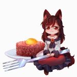  1girl absurdres animal_ear_fluff animal_ears breasts brown_footwear brown_hair collarbone commentary dungeon_toaster english_commentary food fork frilled_skirt frills full_body highres holding holding_fork imaizumi_kagerou long_hair long_sleeves looking_at_viewer medium_breasts mini_person minigirl nail_polish plate raw_egg raw_meat red_eyes red_nails red_skirt shirt simple_background skirt solo tail touhou white_background white_shirt wolf_ears wolf_girl wolf_tail 