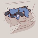  1boy advos blanket chibi on_bed on_head pokemon pokemon_(creature) pokemon_on_head riolu shirt upper_body 