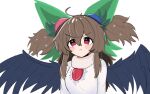  1girl :t absurdres ahoge alternate_hairstyle bird_wings black_wings blush bow breasts brown_hair closed_mouth commentary english_commentary frown green_bow hair_between_eyes hair_bow highres just_hatto long_bangs long_hair looking_at_viewer medium_breasts neck_ruff pout red_eyes reiuji_utsuho shirt simple_background solo tearing_up third_eye touhou touhou_arcadia_record two_side_up upper_body v-shaped_eyebrows white_background white_shirt wings 