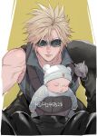  1boy 1other baby babywearing black_sleeves blonde_hair closed_eyes closed_mouth cloud_strife collarbone commentary detached_sleeves english_commentary final_fantasy final_fantasy_vii final_fantasy_vii_advent_children goggles high_collar highres motor_vehicle motorcycle mugikoma ribbed_shirt shirt short_hair single_bare_shoulder single_detached_sleeve single_shoulder_pad sleeveless sleeveless_shirt spiky_hair twitter_username upper_body 
