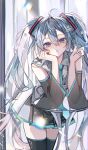  1girl :o absurdres ahoge aqua_hair aqua_necktie arm_support bare_shoulders black_thighhighs blue_eyes cowboy_shot detached_sleeves flower grey_shirt hair_between_eyes hair_flower hair_ornament hatsune_miku highres leaning_on_object long_hair looking_at_viewer nagihaha necktie open_mouth pleated_skirt shirt signature skirt sleeveless sleeveless_shirt solo standing table thigh-highs twintails very_long_hair vocaloid wide_sleeves zettai_ryouiki 