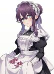  1girl ao_no_neko apron apron_basket black_dress braid braided_bun cowboy_shot dress fang flower green_eyes hair_bun hair_ribbon highres juliet_sleeves long_sleeves looking_at_viewer maid maid_apron maid_headdress open_mouth original puffy_sleeves purple_hair ribbon sidelocks solo white_apron 