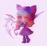  1girl :p animal_ears bare_shoulders blue_eyes brown_hair cat_ears dress drill_hair fake_animal_ears from_side full_body grey_background grey_hair gwen_(league_of_legends) hands_up heterochromia highres holding holding_scissors league_of_legends long_sleeves looking_at_viewer mollymishy pantyhose purple_dress red_eyes scissors simple_background smile solo soul_fighter_gwen standing striped_sleeves tongue tongue_out twin_drills twintails 