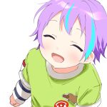  1boy aged_down blue_sky blush closed_eyes commentary dot_nose facing_viewer from_above hk_(wgyz7222) kamishiro_rui long_sleeves male_child male_focus multicolored_hair open_mouth platypus project_sekai purple_hair short_bangs short_hair simple_background sky solo streaked_hair two-tone_hair white_background 