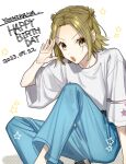  1girl blue_pants character_name commentary_request dated hagiwara_daisuke happy_birthday hori-san_to_miyamura-kun looking_at_viewer open_mouth pants salute short_hair short_sleeves sitting solo star_(symbol) teeth upper_teeth_only yellow_eyes yoshikawa_yuki_(hori-san_to_miyamura-kun) 