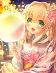  1girl :d absurdres blonde_hair blurry blurry_background blush colored_eyelashes commentary_request cotton_candy fingernails floral_print flower food green_eyes hair_between_eyes hair_flower hair_intakes hair_ornament happy highres holding holding_food holding_hands japanese_clothes kimono long_hair long_sleeves looking_at_viewer night open_mouth pink_flower pink_rose pov pov_hands red_sash remotaro rose sash second-party_source sidelighting sidelocks smile solo straight-on summer_festival summer_pockets tsumugi_wenders twintails white_kimono wide_sleeves x_hair_ornament 