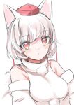  1girl animal_ears bare_shoulders breasts hat highres inubashiri_momiji looking_at_viewer open_mouth red_eyes shirt short_hair simple_background solo tail tokin_hat touhou upper_body white_background white_hair white_shirt white_sleeves wolf_ears wolf_girl wolf_tail yoyoiro_(sysi20) 