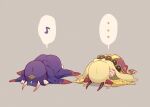  ... 2girls ass bare_shoulders barefoot blonde_hair bob_cut collagen commentary_request fate/grand_order fate_(series) grey_background head_down headpiece highres horns ibaraki_douji_(fate) japanese_clothes kimono long_hair multiple_girls musical_note oni oni_horns pointy_ears prostration purple_hair purple_kimono short_hair shoulder_tattoo shuten_douji_(fate) simple_background skin-covered_horns spoken_ellipsis spoken_musical_note tattoo yellow_kimono 