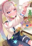 1girl airani_iofifteen airani_iofifteen_(1st_costume) arm_scrunchie blue_bow blue_overalls blush bow hair_bow hair_ornament hairband highres holding holding_paintbrush holding_palette hololive hololive_indonesia long_hair looking_at_viewer looking_up multicolored_hairband overalls paint paint_on_body paint_on_clothes paint_splatter paint_splatter_on_face paintbrush painting_(action) painting_(object) palette_(object) palette_hair_ornament palette_print pink_hair pink_hairband scrunchie sidelocks smile solo thigh_strap violet_eyes virtual_youtuber yellow_hairband zacky 