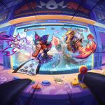  1boy 1girl animal_ears arcade bare_shoulders black_dress blonde_hair brown_hair clouds detached_sleeves dress fire grey_hair gwen_(league_of_legends) holding holding_scissors league_of_legends looking_at_viewer official_art red_eyes scissors sett_(league_of_legends) short_hair shoulder_spikes soul_fighter_gwen soul_fighter_sett spikes teamfight_tactics 