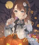  1girl bat_(animal) black_eyes brown_hair buttons candy commentary_request dated dot_nose food full_moon ghost_hair_ornament halloween hanasato_minori hand_on_own_face hands_up highres holding holding_candy holding_food holding_lollipop jack-o&#039;-lantern lollipop long_hair long_sleeves moon nasubi_777777 off_shoulder project_sekai solo tongue tongue_out 