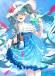  1girl absurdres aqua_hair bag bare_shoulders blue_dress blue_eyes blue_sky blurry blurry_foreground clouds cloudy_sky collarbone commentary cowboy_shot dress falling_petals floating_hair hair_between_eyes hat hatsune_miku highres holding holding_phone hya_ro light_blush long_hair looking_at_viewer one_eye_closed open_mouth outdoors petals phone shoulder_bag skirt_hold sky smile solo teeth twintails upper_teeth_only very_long_hair vocaloid white_headwear 