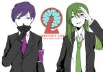  2boys akistu630 armband black_jacket black_scarf brown_eyes buttons collared_jacket collared_shirt copyright_name covered_mouth finger_to_mouth green_hair green_necktie jacket lobotomy_corporation long_hair multiple_boys necktie netzach_(project_moon) ok_sign open_clothes open_jacket open_mouth pocket project_moon purple_hair purple_necktie scarf shirt short_hair smile teeth thick_eyebrows white_background white_shirt yesod_(project_moon) 