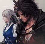  1boy 1girl beard_stubble black_cape black_hair blue_eyes blue_vest cape clive_rosfield couple facial_hair final_fantasy final_fantasy_xvi grey_eyes grey_hair highres jill_warrick leather_vest long_hair pectorals shirt sword sword_on_back vest weapon weapon_on_back white_background white_shirt xd_aznad 