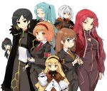  6+girls ahoge angela_(project_moon) armband armor asymmetrical_hair binah_(project_moon) black_armor black_bow black_bowtie black_cape black_dress black_eyes black_hair black_hairband black_jacket black_pants blonde_hair blue_eyes blue_hair blunt_bangs bodysuit bomitto_(zundaffy) bow bowtie brown_capelet brown_hair brown_skirt buttons cape capelet carmen_(project_moon) cigarette cleavage_cutout closed_eyes closed_mouth clothing_cutout coat collared_dress collared_jacket collared_shirt dress female_child frilled_sleeves frills frown fur_trim gebura_(project_moon) gradient_hair green_eyes green_shirt hair_bow hair_ornament hair_scrunchie hairband hand_on_own_hip heart heart_hair_ornament heterochromia highres hod_(project_moon) holding holding_notepad holding_pen jacket lab_coat lobotomy_corporation long_hair long_sleeves malkuth_(project_moon) multicolored_hair multiple_girls multiple_scars myo_(project_moon) necktie notepad one_side_up open_clothes open_jacket open_mouth orange_eyes orange_hair orange_necktie orange_trim own_hands_together pants pen pocket project_moon puffy_long_sleeves puffy_sleeves red_bodysuit red_eyes red_hairband red_jacket red_necktie redhead scar scar_on_face scrunchie shirt short_hair side_ponytail skirt smile smoking tiphereth_a_(project_moon) v v-shaped_eyebrows very_long_hair white_background white_coat white_hair white_shirt yellow_eyes yellow_trim zipper zipper_pull_tab 