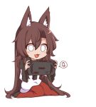  1girl animal_ears battery_indicator brown_hair chibi fox_ears fox_girl imaizumi_kagerou jacket logo_parody long_sleeves playing_games red_eyes red_skirt sitting skirt solo speech_bubble spoken_battery steam_deck surprised touhou valve white_background white_jacket wool_(miwol) 