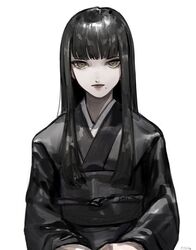  1girl alternate_costume bad_id bad_pixiv_id black_hair black_kimono blunt_bangs expressionless final_fantasy final_fantasy_xiv green_eyes hyur japanese_clothes kimono kuroge_(kewagyuu) long_hair looking_at_viewer mole mole_under_mouth obi obijime sash seiza sidelocks simple_background sitting solo straight-on straight_hair upper_body white_background yotsuyu_goe_brutus 