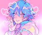  1boy blue_hair blue_jacket blush dramatical_murder drawn_wings headphones headphones_around_neck heart highres hood hood_down jacket looking_at_viewer male_focus medium_hair mih0 pink_background pink_eyes seragaki_aoba signature smile solo star_(symbol) teeth v white_hood 