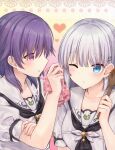  2girls ascot black_ascot blue_eyes blush chocolate chocolate_on_face collarbone commentary_request cooking eyelashes eyes_visible_through_hair fingernails food food_on_face grey_hair hair_between_eyes hair_ornament hairclip hand_on_own_arm hand_up heart highres holding holding_spoon long_hair looking_at_another maruma_(maruma_gic) mizuori_shizuku multiple_girls naruse_shiroha one_eye_closed open_mouth parted_lips profile puffy_short_sleeves puffy_sleeves purple_hair sailor_collar school_uniform second-party_source shirt short_sleeves sidelocks simple_background sparkle spoon summer_pockets upper_body violet_eyes white_sailor_collar white_shirt wiping_face 