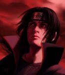  1boy akatsuki_uniform black_hair closed_mouth facial_mark forehead_protector konohagakure_symbol long_hair looking_up male_focus naruto naruto_(series) ninja olggah realistic red_background sharingan solo solo_focus uchiha_itachi uniform upper_body 