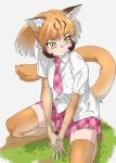  1girl animal_ear_fluff animal_ears brown_hair commentary elbow_gloves extra_ears gloves gradient_hair grass grey_background highres kemono_friends looking_to_the_side miniskirt multicolored_hair necktie orange_gloves orange_hair orange_thighhighs pink_necktie pink_skirt plaid plaid_necktie plaid_skirt pleated_skirt puma_(kemono_friends) shirt short_hair short_sleeves skirt solo squatting tail tanabe_(fueisei) thigh-highs untucked_shirt white_hair white_shirt yellow_eyes zettai_ryouiki 