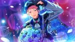  1boy arm_up ascot black_gloves black_headwear blue_flower blue_rose bouquet cowboy_shot curtains ensemble_stars! epaulettes flower gears gloves happy_elements human_comedy_(ensemble_stars!) itsuki_shu lapels long_sleeves looking_at_viewer male_focus notched_lapels official_art open_mouth pink_hair rose short_bangs short_hair solo third-party_source violet_eyes 