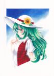  1girl ascot finger_to_mouth flower green_eyes green_hair hat hat_ribbon highres kazami_yuuka kazami_yuuka_(pc-98) long_hair nemonadi petal_on_face plaid plaid_vest ribbon shirt short_sleeves solo sunflower touhou touhou_(pc-98) vest white_headwear white_shirt 