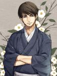  1boy black_kimono brown_hair closed_mouth commentary_request crossed_arms dated facial_hair flower grey_background japanese_clothes kimono kouno_kb long_sleeves looking_at_viewer male_focus meitantei_conan scotch_(meitantei_conan) short_hair signature smile solo stubble upper_body violet_eyes white_flower wide_sleeves 