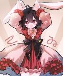  1girl :d animal_ears arms_up artist_name black_bow black_hair blush bob_cut bow brooch character_name commentary cowboy_shot dress dress_bow frilled_dress frills hair_between_eyes head_tilt inaba_tewi jewelry lennonrine long_sleeves looking_at_viewer messy_hair open_mouth pink_dress puffy_sleeves rabbit_ears rabbit_girl rabbit_pose rabbit_symbol red_dress red_eyes short_hair signature smile solo standing sunburst sunburst_background touhou translated two-tone_dress 