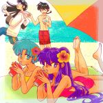  2boys 2girls barefoot black_hair blue_hair drinking_straw feet flower glasses hair_flower hair_ornament highres ioexzn3qhmfabfp mousse_(ranma_1/2) multiple_boys multiple_girls ocean purple_hair ranma_1/2 sand saotome_ranma shampoo_(ranma_1/2) short_hair tendou_akane toes violet_eyes water 