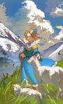  1boy absurdres aged_down androgynous animal axis_powers_hetalia blonde_hair blue_eyes blue_flower blue_ribbon blue_rose child clouds commentary_request day flower france_(hetalia) goat gold_trim grass half-closed_eyes half_updo highres holding holding_flower long_sleeves looking_at_animal male_child male_focus mountainous_horizon nature neck_ribbon outdoors petting ribbon rose sash shirt short_hair smile standing white_shirt wind zhongerweiyuan 