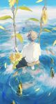  1boy animal black_pants blue_sky clouds falling_petals fish flower grey_hair highres leaf original pants petals reflection reflective_water shirt short_hair short_sleeves sitting sky solo sunflower swing swing_set water white_shirt yuribou 