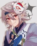  1boy blue_sash closed_mouth corrin_(fire_emblem) corrin_(male)_(fire_emblem) corrin_(male)_(ninja)_(fire_emblem) fingerless_gloves fire_emblem fire_emblem_fates fire_emblem_heroes gloves grey_hair highres looking_at_viewer neko_maru_1027 official_alternate_costume red_eyes sash smile solo upper_body 