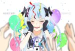  3girls assault_lily balloon birthday black_bow black_gloves black_sailor_collar blue_hair blurry blurry_foreground blush bow braid buttons character_name chimimago closed_eyes collared_shirt commentary confetti crying dated facing_viewer fangs fingerless_gloves gloves hair_between_eyes hair_bow hands_on_own_cheeks hands_on_own_face highres jewelry long_hair mori_tatsuki multiple_girls neck_ribbon out_of_frame parted_lips purple_ribbon raised_eyebrows ribbon ring sailor_collar school_uniform shirt short_sleeves simple_background smile solo_focus tears teeth twin_braids upper_body upper_teeth_only white_background white_shirt 
