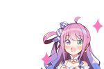  1girl :d ahoge blush candy_hair_ornament clenched_hands detached_collar dress food-themed_hair_ornament frilled_dress frills gradient_hair green_eyes hair_ornament heterochromia highres himemori_luna himemori_luna_(1st_costume) hololive long_hair multicolored_hair off-shoulder_dress off_shoulder one_side_up open_mouth pink_hair purple_hair seigan_subaru single_hair_ring smile solo violet_eyes virtual_youtuber wavy_hair 