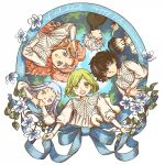  2boys 4girls :o agate_(tongari_boushi_no_atelier) anniversary black_hair blue_eyes blue_hair blue_ribbon brushbug circle circle_formation coco_(tongari_boushi_no_atelier) commentary_request copyright_name creature curly_hair flower green_eyes green_hair highres leaf long_hair long_sleeves looking_at_viewer multiple_boys multiple_girls olruggio_(tongari_boushi_no_atelier) open_mouth orange_eyes orange_hair pink_hair qifrey_(tongari_boushi_no_atelier) ribbon riche_(tongari_boushi_no_atelier) shirahama_kamome shirt short_hair smile tethia_(tongari_boushi_no_atelier) tongari_boushi_no_atelier two_side_up upper_body violet_eyes white_flower white_hair white_shirt 
