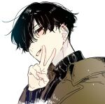  black_eyes black_hair black_sweater blush brown_coat character_request coat commentary_request copyright_request fingernails hagiwara_daisuke hand_up long_sleeves looking_at_viewer lowres short_hair sweater teeth turtleneck turtleneck_sweater upper_body v white_background 