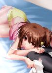  1girl ahoge barefoot bell bored brown_hair camisole casual clenched_hand commentary_request day eyelashes eyes_visible_through_hair hair_bell hair_between_eyes hair_ornament hair_ribbon indoors lennon light_blush lips little_busters! long_hair looking_at_animal lying natsume_rin navel on_bed on_side parted_lips pink_camisole ponytail red_eyes ribbon shorts sidelocks solo_focus thighs white_ribbon yellow_shorts zen_(kamuro) 