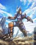 blue_eyes blue_sky cityscape contrapposto earth_garon highres mecha_focus mechanical_arms no_humans open_hands open_mouth outstretched_arms robot robuja sky spread_arms stomping tail ultra_series ultraman_blazar_(series)