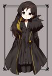  1girl binah_(project_moon) black_coat black_dress black_eyes black_hair black_pantyhose blonde_hair buttons coat commentary_request cropped_legs dress earclip empty_eyes expressionless flat_chest fur-trimmed_coat fur_trim head_tilt highres hoshizuki_sakusa library_of_ruina long_hair long_sleeves looking_at_viewer mole mole_under_eye multicolored_hair open_clothes open_coat pantyhose project_moon sailor_dress solo 
