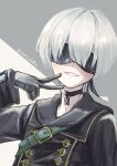  1boy bishounen black_blindfold black_coat black_gloves blindfold choker coat gloves highres male_focus meru_lotte nier:automata nier_(series) short_hair smile solo upper_body v white_hair yorha_no._9_type_s 