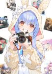  1girl absurdres animal_ears blue_hair blush bow camera cardigan fake_animal_ears grin highres himemori_luna holding holding_camera hololive hood hood_up hooded_cardigan hoshimachi_suisei houshou_marine houshou_marine_(1st_costume) joker_(tomakin524) long_hair long_sleeves minato_aqua minato_aqua_(5th_costume) open_cardigan open_clothes photo_(object) rabbit_ears red_eyes sakura_miko shiranui_flare_(3rd_costume) shirogane_noel shirogane_noel_(1st_costume) shirt smile solo thick_eyebrows usada_pekora usada_pekora_(4th_costume) white_background white_bow white_shirt yellow_cardigan 