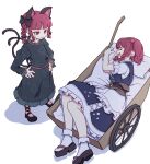  2girls :d animal_ear_fluff animal_ears black_footwear blue_dress blunt_bangs bobby_socks breasts cat_ears cat_tail commentary_request dress drooling from_above full_body green_dress hair_bobbles hair_ornament hands_on_own_hips highres kaenbyou_rin kame_(kamepan44231) long_sleeves looking_at_another mary_janes medium_breasts mouth_drool multiple_girls multiple_tails nekomata no_socks onozuka_komachi profile red_eyes redhead shoes sleeping small_breasts smile socks standing tail touhou two_tails wheelbarrow 