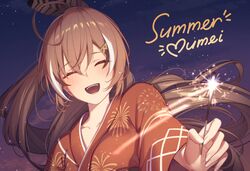  1girl ahoge blush brown_hair english_text erezu feather_hair_ornament feathers fireworks hair_ornament hairclip highres holding_fireworks holocouncil hololive hololive_english japanese_clothes kimono long_hair multicolored_hair nanashi_mumei night night_sky open_mouth orange_kimono ponytail sky smile solo sparkler star_(sky) streaked_hair very_long_hair virtual_youtuber 