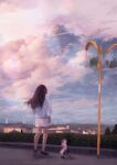  1girl absurdres animal blue_shirt brown_footwear brown_hair bush calico cat clouds cloudy_sky full_body highres house long_hair mirror original outdoors saisho_(qpoujr) shirt shorts sky solo urban white_shorts 