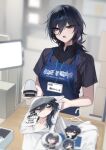  1girl apron bara_(03_bara_) black_eyes black_hair black_shirt blue_apron blurry blurry_background collared_shirt commentary_request hair_between_eyes highres long_hair open_mouth original ponytail shirt short_sleeves solo yokoyama_ishimi 