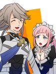  1boy 1girl blue_sash closed_eyes corrin_(fire_emblem) corrin_(male)_(fire_emblem) felicia_(fire_emblem) fire_emblem fire_emblem_fates grey_hair maid open_mouth pink_hair sash sidelocks teeth upper_body upper_teeth_only yuki12046 