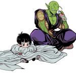  1girl alien black_eyes black_hair cape colored_skin dragon_ball dragon_ball_super female_child fingerless_gloves gloves green_skin namekian nanika_(nnkgh) pan_(dragon_ball) piccolo simple_background white_background white_cape 