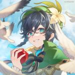  1boy apple aqua_eyes aqua_hair beret bibizbbibi bird black_bow black_bowtie black_hair blue_sky bow bowtie cape flower food frilled_sleeves frills fruit genshin_impact gradient_hair green_cape green_headwear grin hat hat_flower highres holding holding_food holding_fruit looking_at_viewer low_twintails multicolored_hair sky smile solo twintails upper_body venti_(genshin_impact) white_flower 