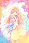  1girl blonde_hair hat highres holding holding_clothes holding_hat lillie_(pokemon) otonoha_aika pokemon rainbow_gradient smile solo 